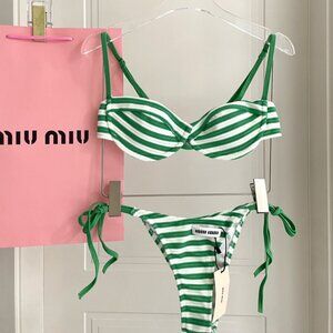 Miu Miu niche green and white striped swimsuit | Super beautiful